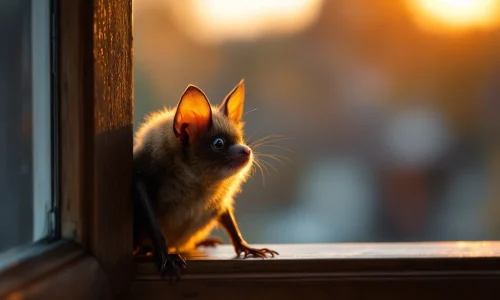 Bruine vleermuis op houten kozijn bij raam met natuurlijke borstels voor humane afweer in Nederlands interieur