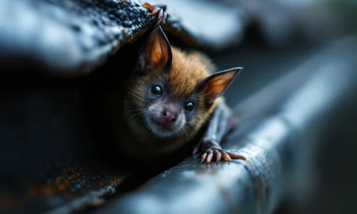Bruine vleermuis perst zich door smalle opening in verweerde regengoot, close-up met dramatische belichting