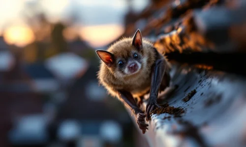 Bruine vleermuis op beschadigde aluminium dakgoot met krassen en uitwerpselen bij zonsondergang