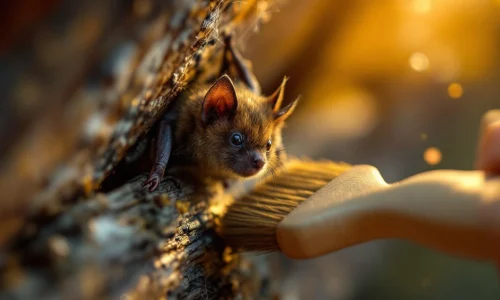 Kleine bruine vleermuis wordt voorzichtig met zachte borstel van zolderbalk verwijderd, diervriendelijke ongediertebestrijding