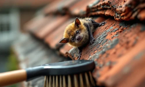 Bruine vleermuis op dakpannen met professionele borstel voor ongediertebestrijding en huisonderhoud