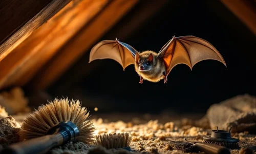 Vleermuis in vlucht in zolder met professionele verwijderingsgereedschappen en borstels voor ongediertebestrijding
