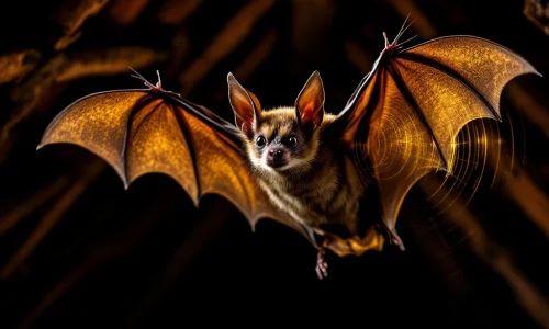 Vleermuis in vlucht met gespreide vleugels in zolder, gouden geluidsgolven, humane verjaagmethode zichtbaar