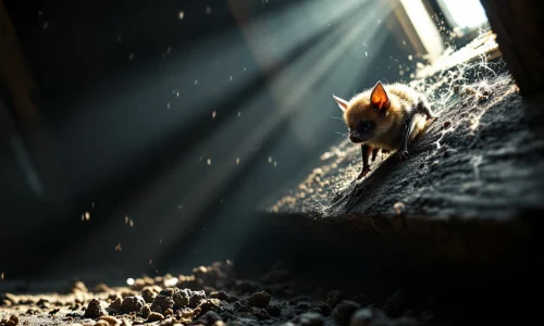 Bruine vleermuis hangt aan houten dakspanten in donkere zolder met lichtstralen door dakpannen