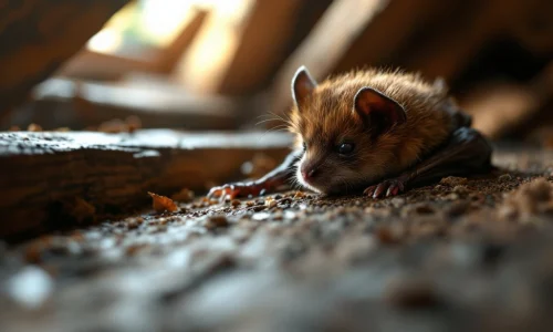 Kleine vleermuis rust op houten zolderbalk met humane afweerborstel en natuurlijk licht