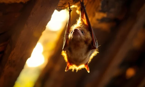 Kleine bruine vleermuis hangt ondersteboven aan houten dakbalk in zolder met humane verwijderingsapparatuur