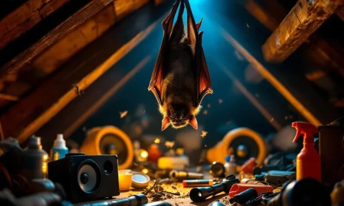 Vleermuis hangt ondersteboven aan houten dakbalken in zolder, met felle zaklampen en sprays op de voorgrond