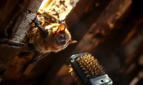 Bruine vleermuis op verweerde houten dakbalk in zolder met professionele reinigingsborstel voor humane verwijdering