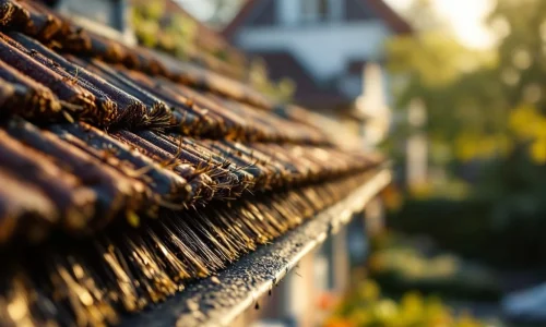 Vleermuisafweer borstel geïnstalleerd op dakrand met kleipannen, close-up van beschermende borstelharen in ochtendlicht