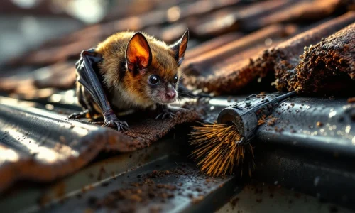 Bruine vleermuis op dakgoot naast gootborstel, daktegels en dakgootsysteem in scherpe focus met natuurlijke belichting