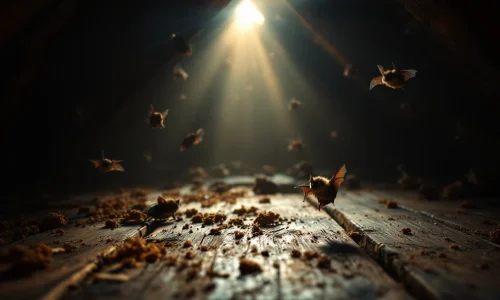 Bruine vleermuizen aan dakbalken in donkere zolder met uitwerpselen, verlicht door natuurlijk licht door kieren