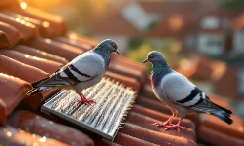 Roestvrijstalen vogelpinnen op rode dakpannen met duif op veilige afstand, harmloze afweer bij ochtendlicht