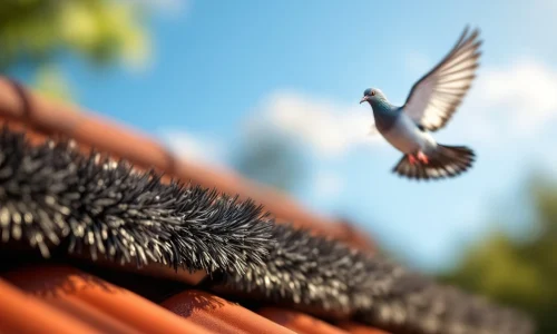 Zwarte nylon vogelwerende borstel op terracotta dakpannen houdt duif op afstand bij zonnig weer
