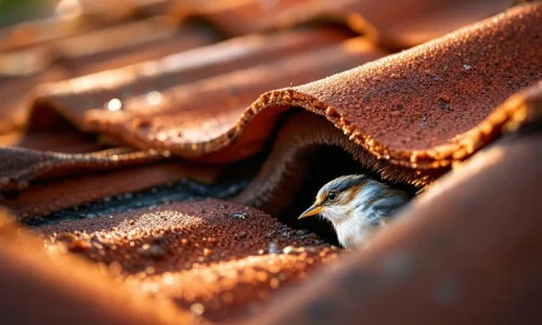 Vogel probeert onder rode dakpan te kruipen terwijl professionele borstelvering toegang blokkeert