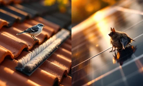 Vogelwerende en vleermuiswerende borstels geïnstalleerd op dakpannen en zonnepanelen bij gouden uursverlichting


***

Let me reconsider this to be more concise while maintaining the key elements:

Vogelwerende en vleermuiswerende borstels op dakpannen en zonnepanelen in gouden uurlicht