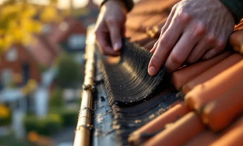 Handen installeren zwarte vogelwerende borstelstrip op oranje pannendak, gereedschap zichtbaar, Nederlandse daken op achtergrond