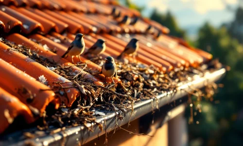 Dakgoot met vogelverschrikkers en borstels naast verstopte goot met takjes en vogels op oranje dakpannen
