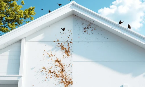 Witte huisgevel, half schoon met beschermende borstels, half beschadigd door vogelpoep, vogels in blauwe lucht