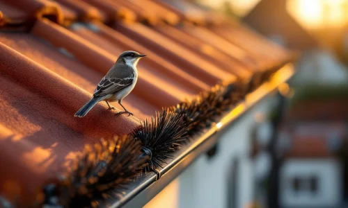 Vogelverschrikking borstels op dakrand met zangvogel op dakpan, diervriendelijke bescherming bij zonsondergang