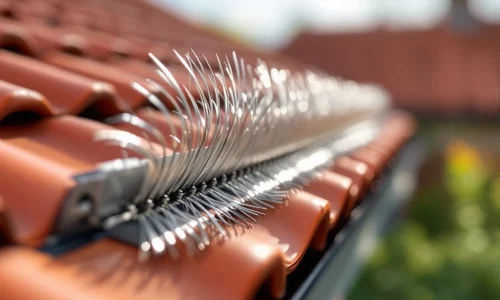 Vogelwerende borstelstrip van roestvrij staal geïnstalleerd op oranje dakpannenrand met scherpe details