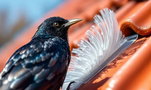 Zwarte merel drukt tegen transparante vogelpinnen op oranje dakpannen met blauwe lucht op achtergrond