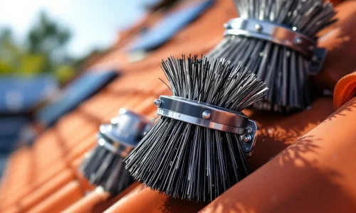 Vogelwerende borstels van verschillende maten met roestvrijstalen bevestiging op dakpannen en zonnepanelen