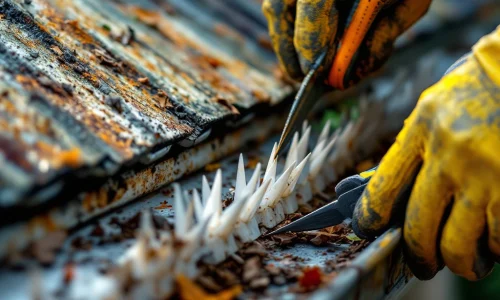 Gehandschoende handen verwijderen verweerde vogelwerende pinnen uit regengoot vol bladeren en roest