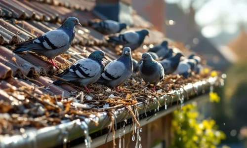 Duiven en spreeuwen op dakrand bij verstopte dakgoot vol takjes en nestmateriaal met overlopend water