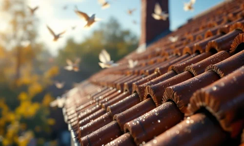 Vogelverschrikking borstels op pannendak met ochtenddauw, vogels vliegen weg van beschermde dakrand