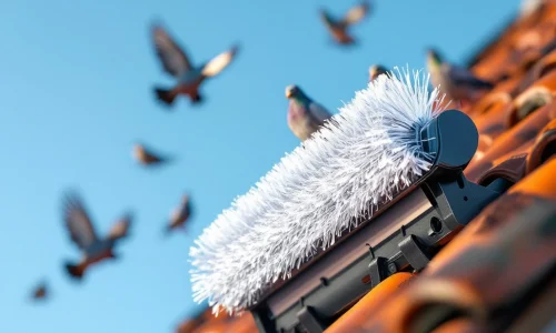 Vogelpinnen op pannendak houden duiven op afstand, close-up van transparante borstels tegen blauwe lucht