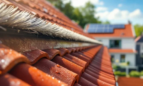 Vogelwerende borstels op rode dakpannen met waterdruppels, zonnepanelen op achtergrond onder blauwe lucht