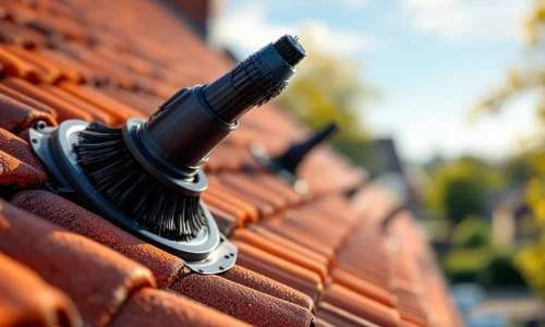Zwarte vogelverschrikkerborstels geïnstalleerd op oranje Nederlandse dakpannen met duidelijke borstelharen in ochtendlicht