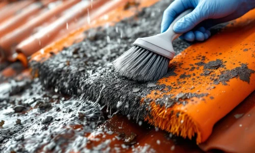 Vogelverschrikkerborstels op oranje dakpannen worden met de hand schoongemaakt, contrast tussen vuil en schoon zichtbaar