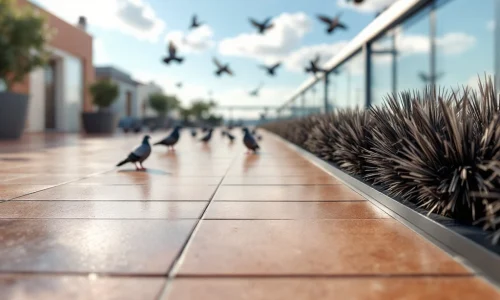 Vogelwerende borstels geïnstalleerd op terrasrand met duiven op afstand in natuurlijk zonlicht