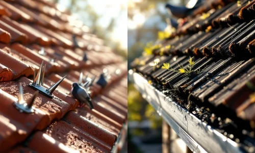 Vergelijking van metalen vogelpennen op rode dakpan en zachte zwarte borstels op dakrand met duiven op achtergrond