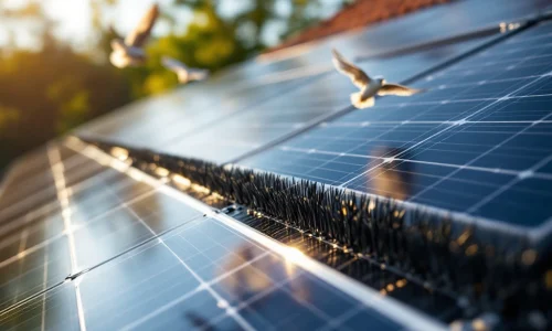 Zonnepanelen op Nederlands dak met zwarte vogelbescherming borstels langs de randen, vogel op de achtergrond