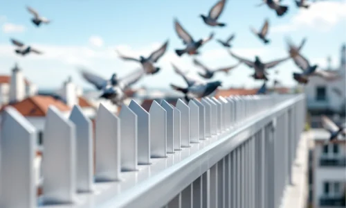 Moderne balkonrailing met vogelpinnen die duiven afschrikken, close-up met heldere architectuur en blauwe lucht