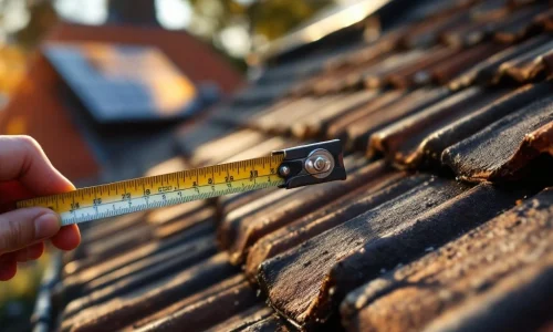 Handen meten vogelpinnen op dakpannen met meetlint, zonnepanelen op achtergrond, professionele dakonderhoud
