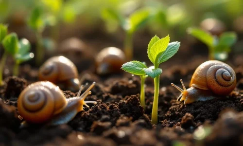 Jonge groene zaailingen beschermd door borstelbarrière tegen slakken in donkere tuingrond met dauwdruppels