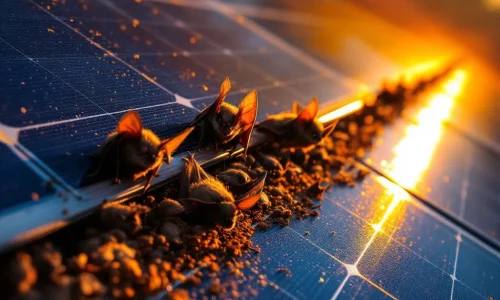 Vleermuizen bij zonnepanelen op pannendak met beschermende borstels die nesting voorkomen bij zonsondergang