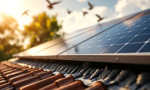 Zwarte zonnepanelen op woonhuis met borstelstrip vogelbescherming langs de randen, verlicht door zonlicht