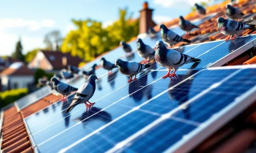 Zonnepanelen op pannendak met vogelwerende borstels tegen duiven, Nederlandse woonwijk op achtergrond